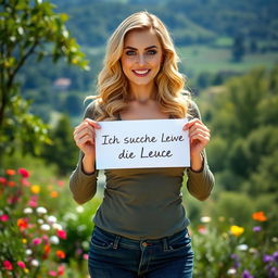 A 35-year-old woman standing full-length in a beautiful natural setting, confidently posing with a clear, radiant face