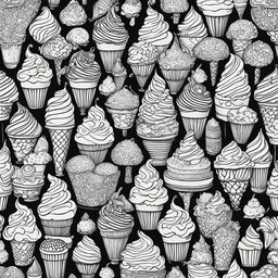 Intricate black and white colouring book page featuring a detailed design of various ice cream desserts.