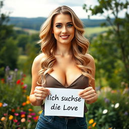 A 35-year-old woman standing full-length in a beautiful natural setting, confidently posing with a clear, radiant face