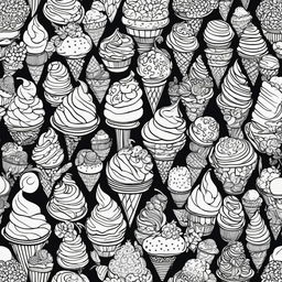 Intricate black and white colouring book page featuring a detailed design of various ice cream desserts.