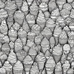 Intricate black and white colouring book page featuring a detailed design of various ice cream desserts.