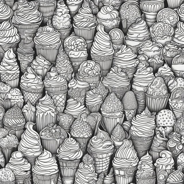 Intricate black and white colouring book page featuring a detailed design of various ice cream desserts.