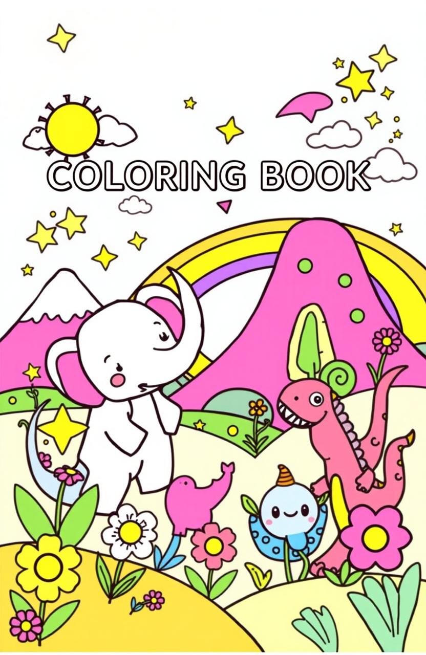 A vibrant and engaging coloring book tailored for small children featuring cute animals, whimsical landscapes and fun shapes