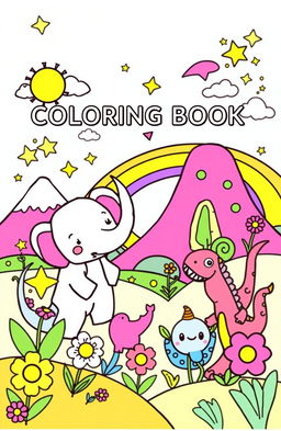 A vibrant and engaging coloring book tailored for small children featuring cute animals, whimsical landscapes and fun shapes