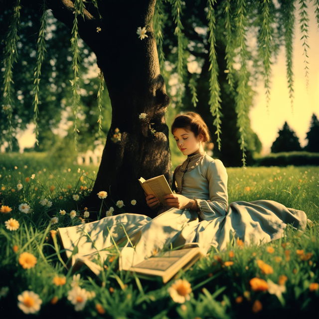 Victorian girl reading under weeping-willow tree during golden hour in spring.