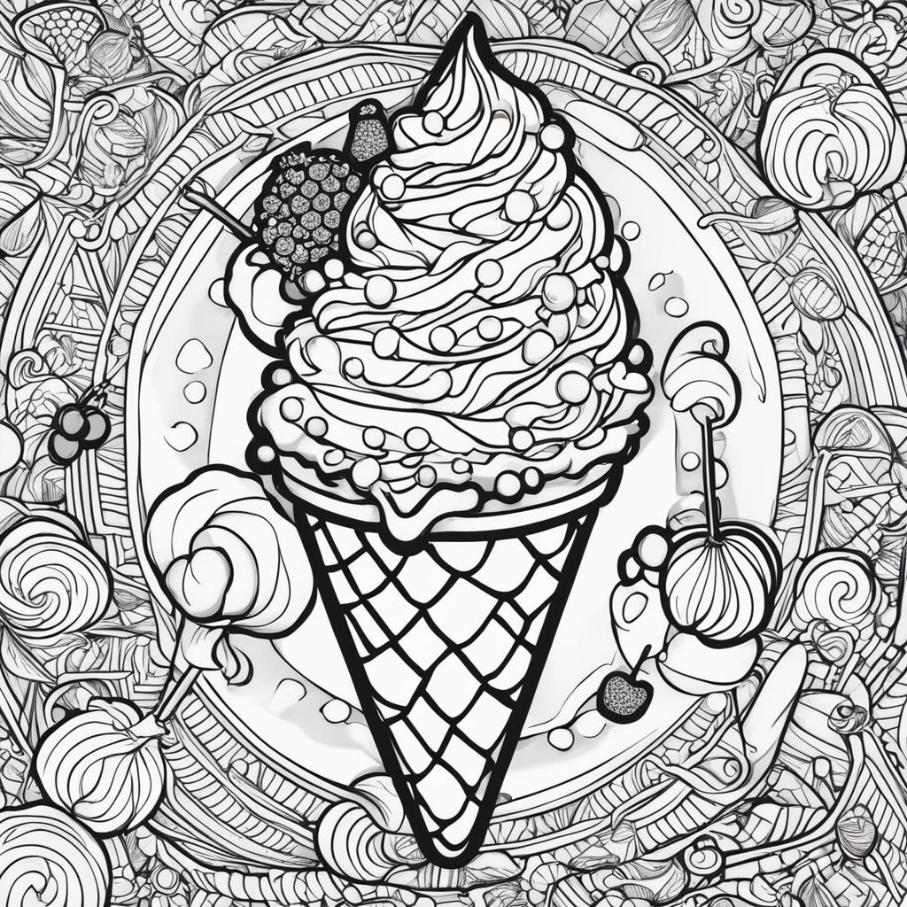 Black and white colouring book page featuring a highly detailed triple scoop ice cream on a waffle cone, surrounded by sprinkles, a cherry, an ornate spoon, and an abstract background