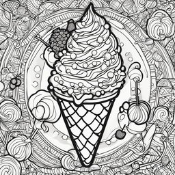 Black and white colouring book page featuring a highly detailed triple scoop ice cream on a waffle cone, surrounded by sprinkles, a cherry, an ornate spoon, and an abstract background