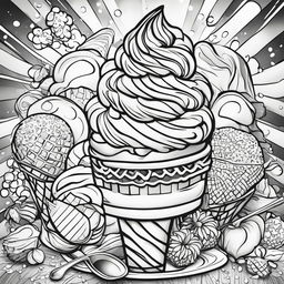 Black and white colouring book page featuring a highly detailed triple scoop ice cream on a waffle cone, surrounded by sprinkles, a cherry, an ornate spoon, and an abstract background