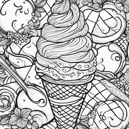 Black and white colouring book page featuring a highly detailed triple scoop ice cream on a waffle cone, surrounded by sprinkles, a cherry, an ornate spoon, and an abstract background