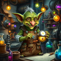 A whimsical goblin artificer in a busy workshop filled with magical gadgets and inventions