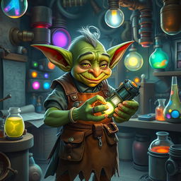 A whimsical goblin artificer in a busy workshop filled with magical gadgets and inventions