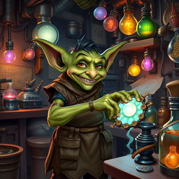 A whimsical goblin artificer in a busy workshop filled with magical gadgets and inventions