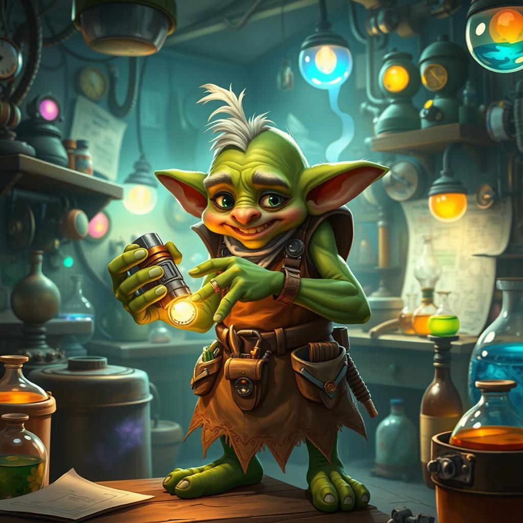 A whimsical goblin artificer in a busy workshop filled with magical gadgets and inventions