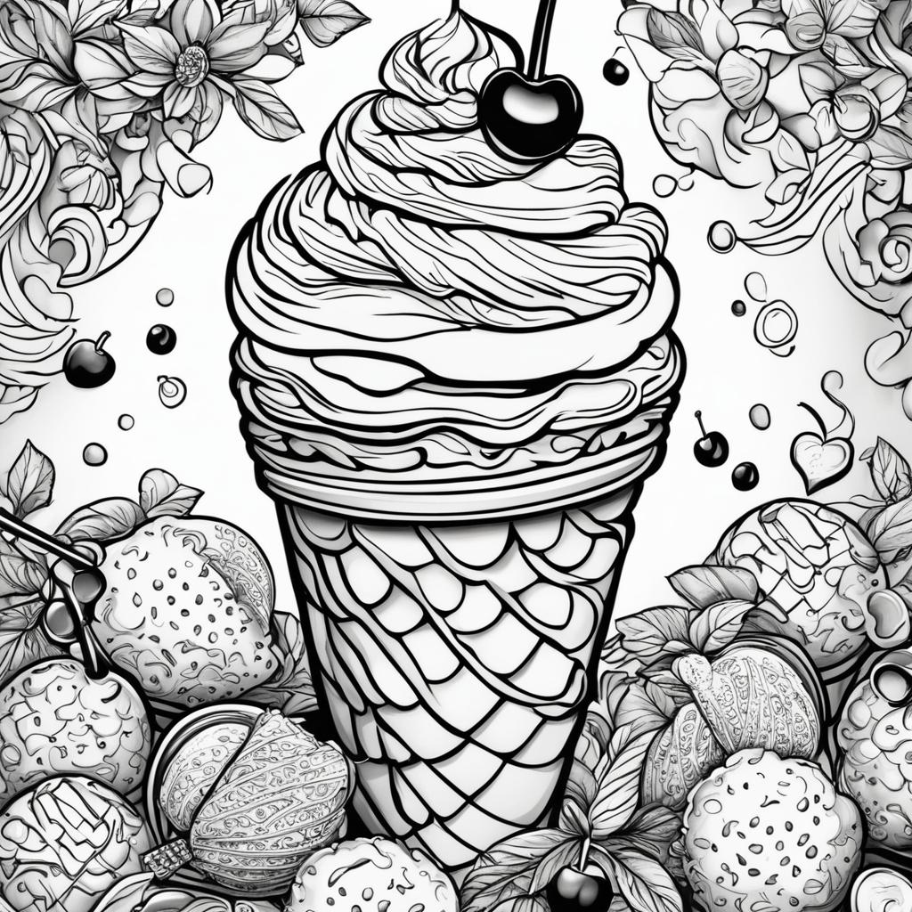 Black and white colouring book page featuring a highly detailed triple scoop ice cream on a waffle cone, surrounded by sprinkles, a cherry, an ornate spoon, and an abstract background