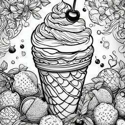 Black and white colouring book page featuring a highly detailed triple scoop ice cream on a waffle cone, surrounded by sprinkles, a cherry, an ornate spoon, and an abstract background