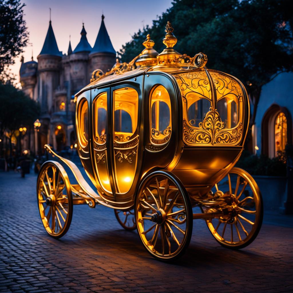 Cinderella's golden carriage with brass accents and intricate designs on a cobblestone street at dusk