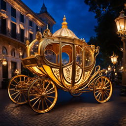 Cinderella's golden carriage with brass accents and intricate designs on a cobblestone street at dusk