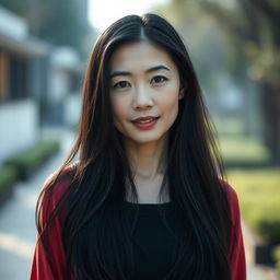 A full-body portrait of a 43-year-old woman with pale skin and long black hair, showcasing her natural beauty with an ordinary, unmade-up face