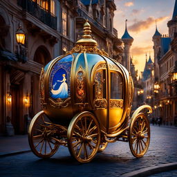 Cinderella's golden carriage with brass accents and intricate designs on a cobblestone street at dusk