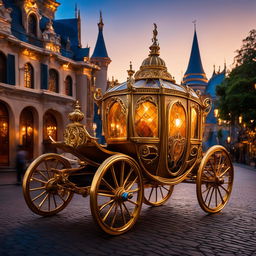 Cinderella's golden carriage with brass accents and intricate designs on a cobblestone street at dusk