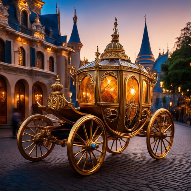 Cinderella's golden carriage with brass accents and intricate designs on a cobblestone street at dusk