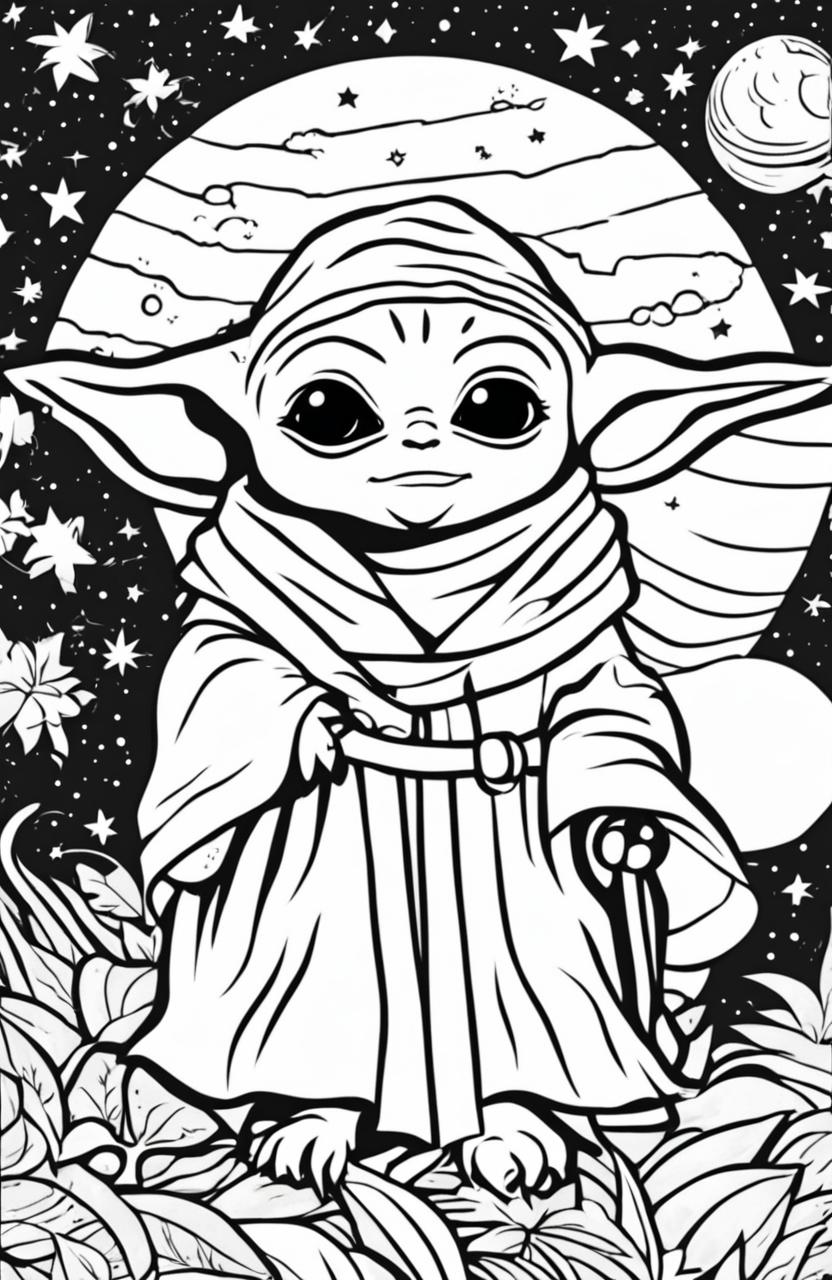 A coloring page featuring Baby Yoda in his signature robe, surrounded by stars and planets.