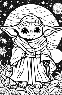 A coloring page featuring Baby Yoda in his signature robe, surrounded by stars and planets.