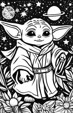 A coloring page featuring Baby Yoda in his signature robe, surrounded by stars and planets.