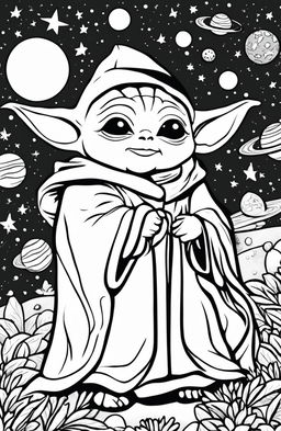 A coloring page featuring Baby Yoda in his signature robe, surrounded by stars and planets.