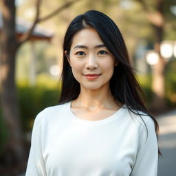 A full-body portrait of a 43-year-old woman with pale skin and long black hair, featuring a natural, unmade-up face that reflects her everyday beauty
