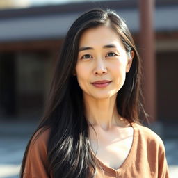 A full-body portrait of a 43-year-old woman with pale skin and long black hair, featuring a natural, unmade-up face that reflects her everyday beauty