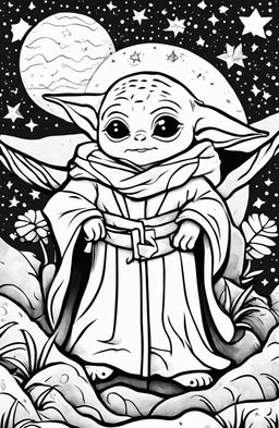 A coloring page featuring Baby Yoda in his signature robe, surrounded by stars and planets.