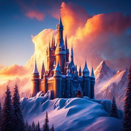 Victorian Gothic castle made entirely of ice on a snowy mountain peak at sunset, reflecting the warm hues of the setting sun.