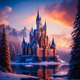 Victorian Gothic castle made entirely of ice on a snowy mountain peak at sunset, reflecting the warm hues of the setting sun.