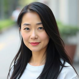 A full-body portrait of a 43-year-old woman with pale skin and long black hair, featuring an everyday natural face without makeup