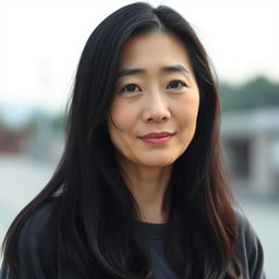 A full-body portrait of a 43-year-old woman with pale skin and long black hair, featuring an everyday natural face without makeup