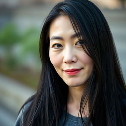 A full-body portrait of a 43-year-old woman with pale skin and long black hair, featuring an everyday natural face without makeup