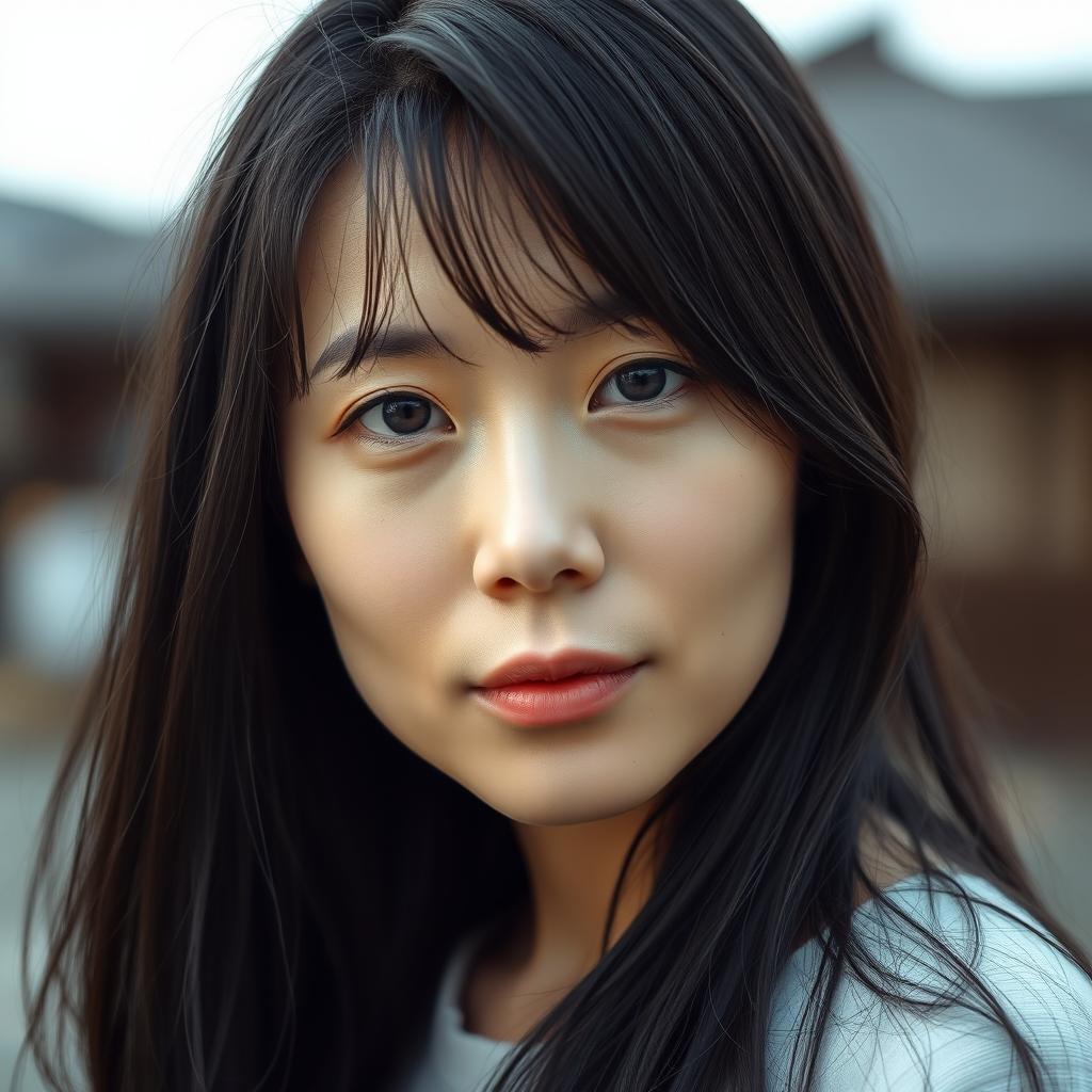 A full-body portrait of a 43-year-old woman with pale skin and long black hair, featuring an everyday natural face without makeup