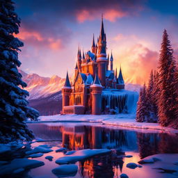 Victorian Gothic castle made entirely of ice on a snowy mountain peak at sunset, reflecting the warm hues of the setting sun.