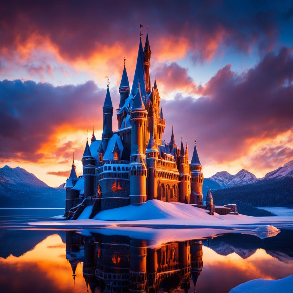 Victorian Gothic castle made entirely of ice on a snowy mountain peak at sunset, reflecting the warm hues of the setting sun.