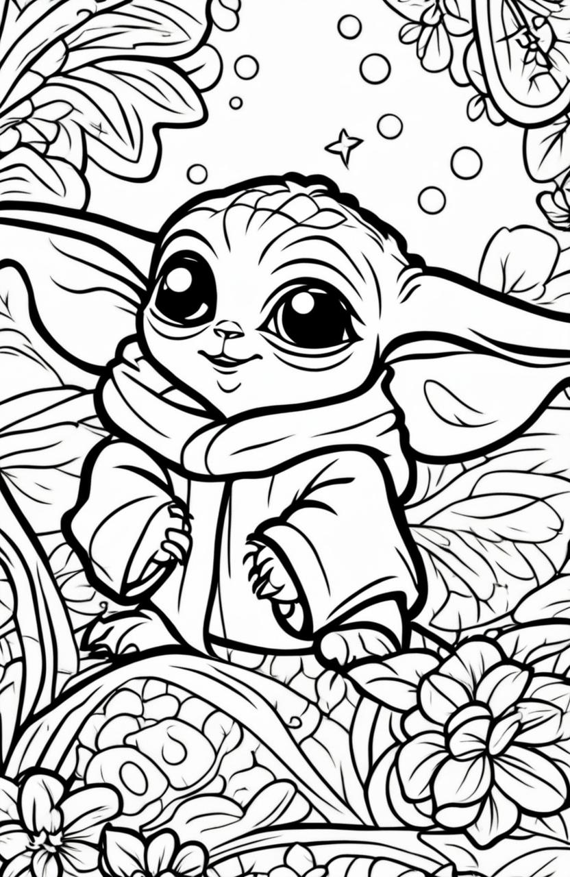 An even cuter Baby Yoda on a coloring page, with his big eyes sparkling and a small, adorable smile on his face.