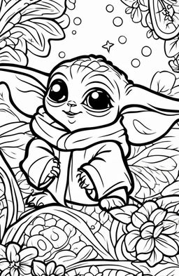 An even cuter Baby Yoda on a coloring page, with his big eyes sparkling and a small, adorable smile on his face.