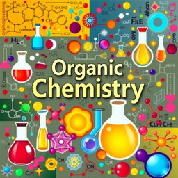 A beautifully designed cover page for organic chemistry, showcasing a vibrant collage of various organic compounds and chemical structures
