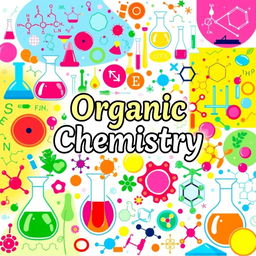 A beautifully designed cover page for organic chemistry, showcasing a vibrant collage of various organic compounds and chemical structures