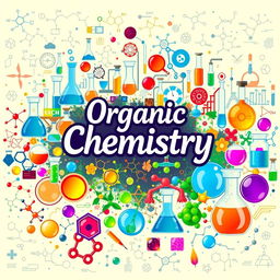 A beautifully designed cover page for organic chemistry, showcasing a vibrant collage of various organic compounds and chemical structures