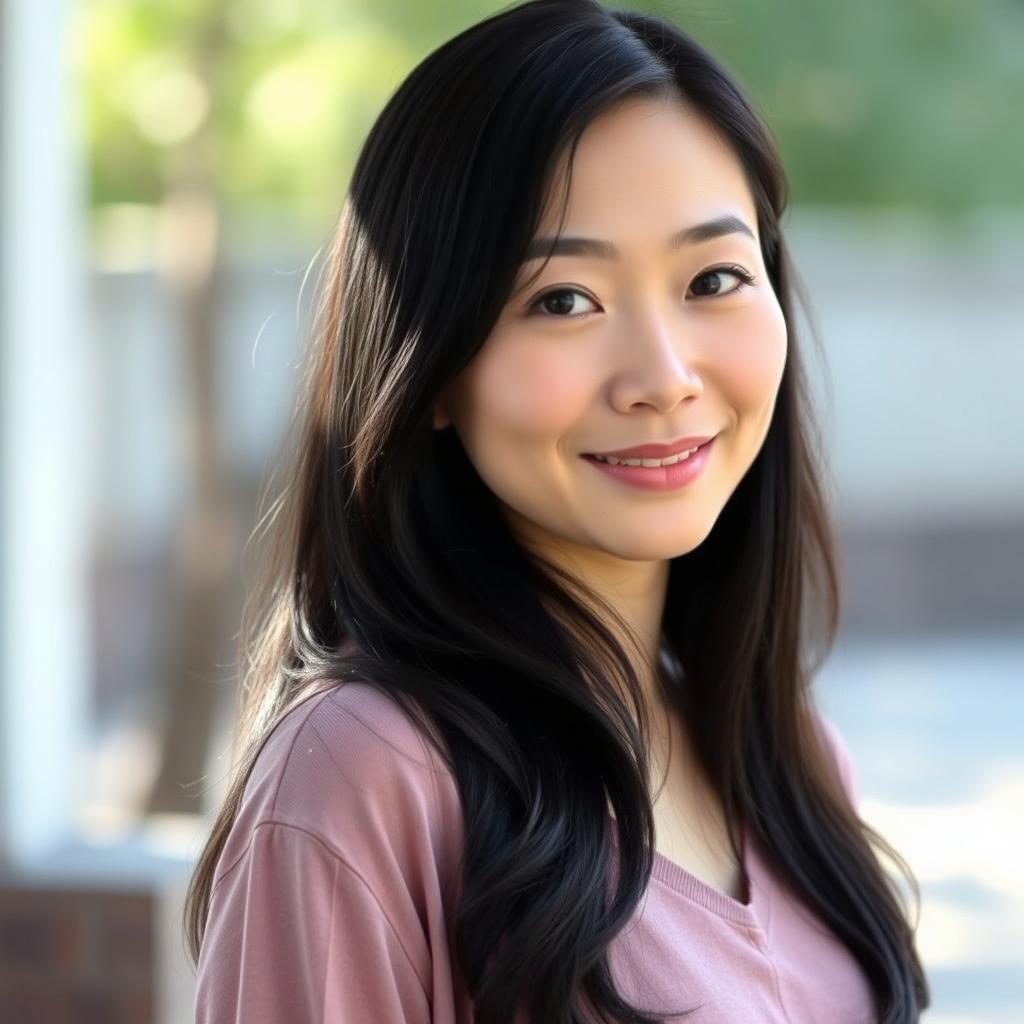 A full-body portrait of a 42-year-old woman with pale skin and long black hair, featuring a natural, unmade-up face that highlights her everyday beauty