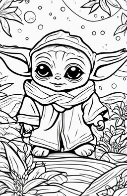 An even cuter Baby Yoda on a coloring page, with his big eyes sparkling and a small, adorable smile on his face.