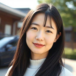 A full-body portrait of a 42-year-old woman with pale skin and long black hair, featuring a natural, unmade-up face that highlights her everyday beauty