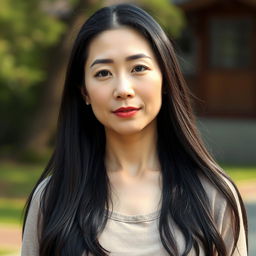 A full-body portrait of a 42-year-old woman with pale skin and long black hair, featuring a natural, unmade-up face that highlights her everyday beauty