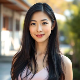 A full-body portrait of a 42-year-old woman with pale skin and long black hair, featuring a natural, unmade-up face that highlights her everyday beauty